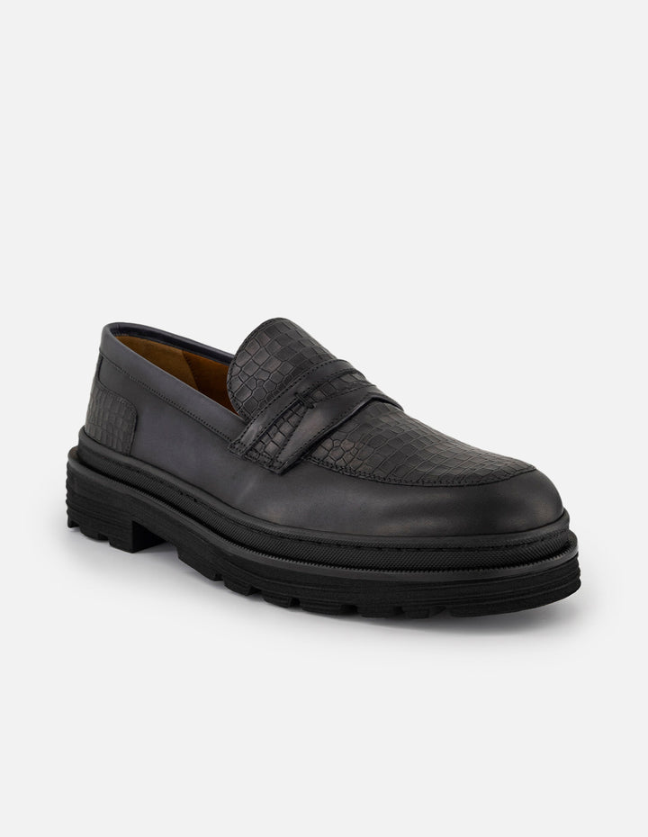 Mocasines negros piel para hombre grabado tipo coco