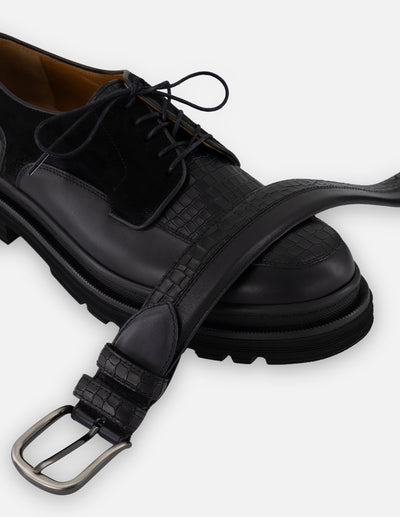 Cinturón negro piel coco para hombre con combinación materiales
