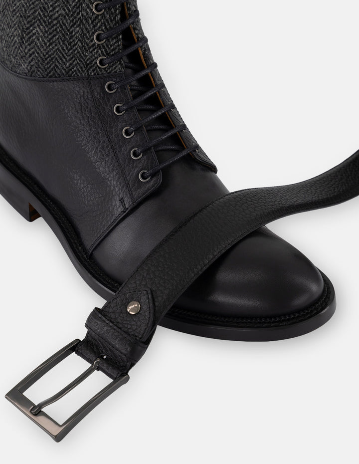 Botines negros piel y textil para hombre con caña tipo espiga