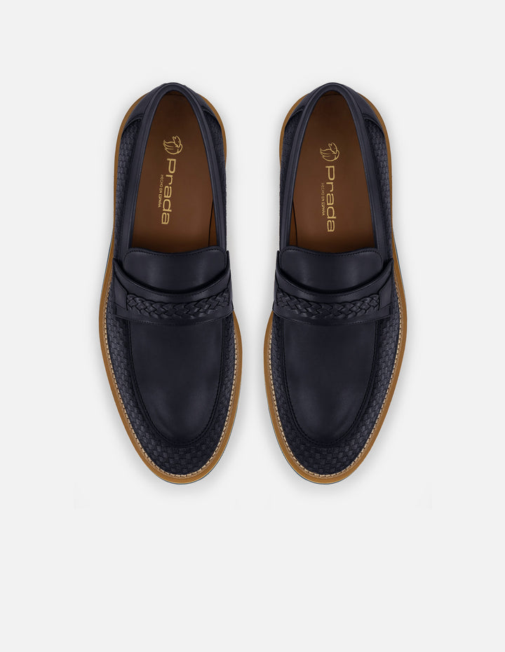 Mocasines con combinación de piel y textil trenzado en color azul para hombre