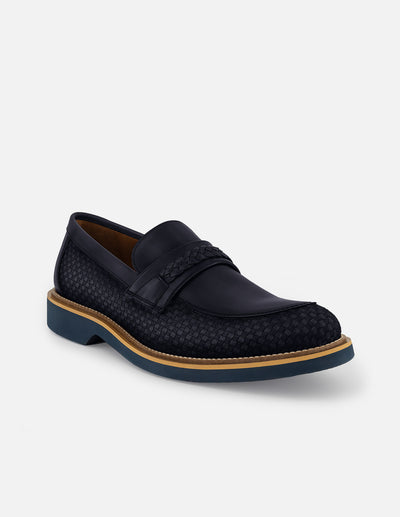 Mocasines con combinación de piel y textil trenzado en color azul para hombre