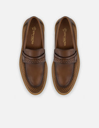 Mocasines con combinación de piel y textil en color café para hombre