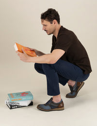 Zapato inglés en textil azul con combinación de materiales para hombre