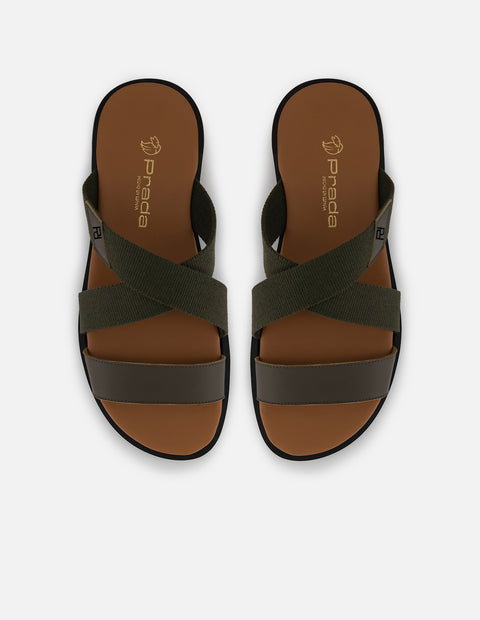 Sandalia verde con banda ancha en piel y textil para hombre