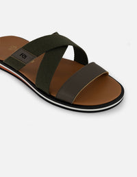 Sandalia verde con banda ancha en piel y textil para hombre