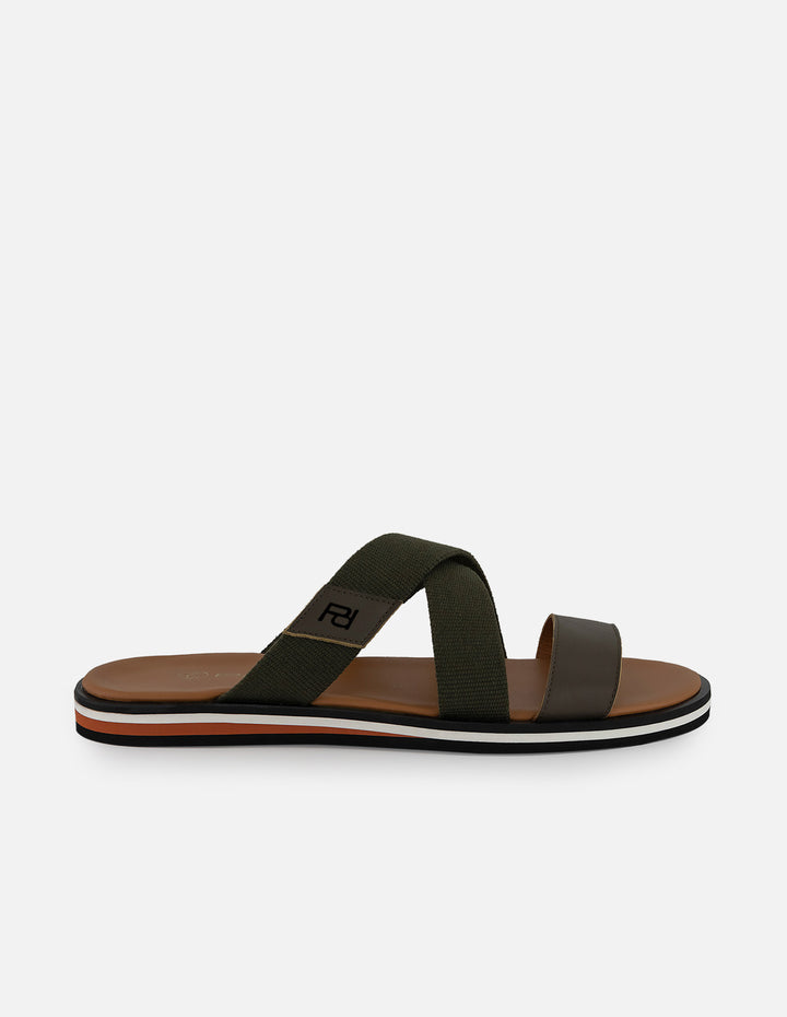 Sandalia verde con banda ancha en piel y textil para hombre