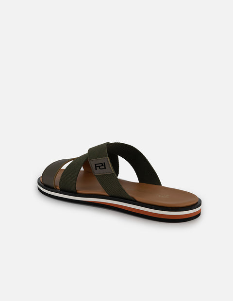 Sandalia verde con banda ancha en piel y textil para hombre