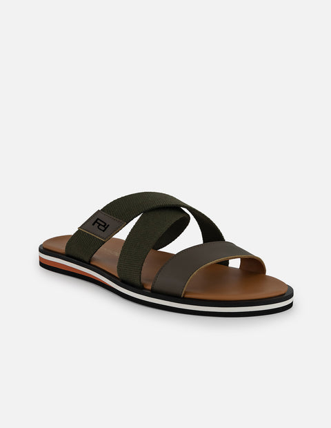 Sandalia verde con banda ancha en piel y textil para hombre