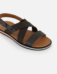 Sandalia café con bandas cruzadas en piel y textil para hombre