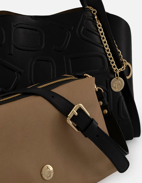 Bolso de hombro negro piel grabada para mujer con maxiletras
