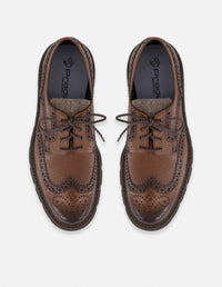 Zapato Blucher café piel bombeada para hombre con detalle textil