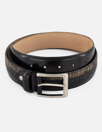 Cinturón negro piel para hombre con combinación de materiales