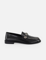 Mocasines negros charol para mujer con antifaz decorado