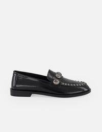 Mocasines negros charol para mujer con antifaz decorado