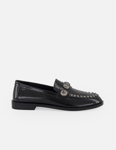 Mocasines negros charol para mujer con antifaz decorado