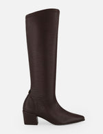 Bota café lycra piel para mujer con grabado tipo bombeado
