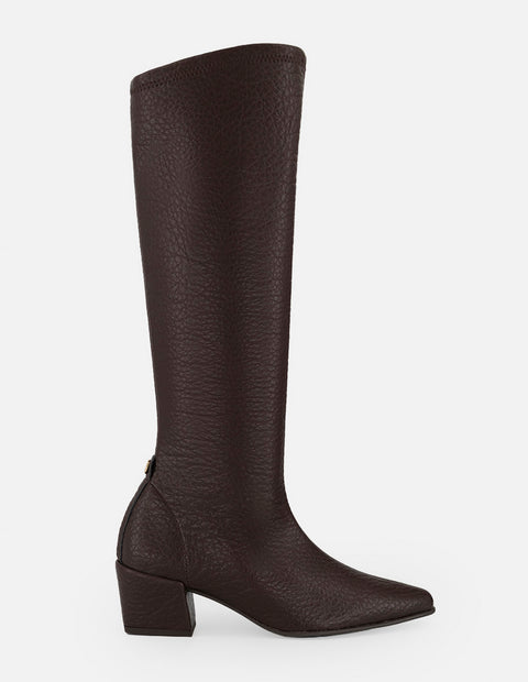 Bota café lycra piel para mujer con grabado tipo bombeado