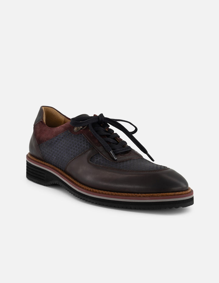 Zapato Oxford vino piel y ante para hombre con combinación de materiales