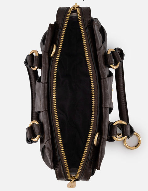 Bolso de mano café vegano para mujer con logo frontal