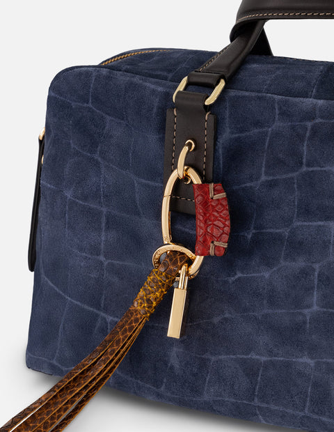 Bolso Bowling azul ante grabado tipo coco para mujer con colgante