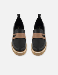 Mocasines negro piel para mujer con logo Pd