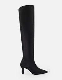 Bota negra lycra piel para mujer con tacón geométrico