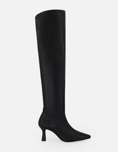 Bota negra lycra piel para mujer con tacón geométrico
