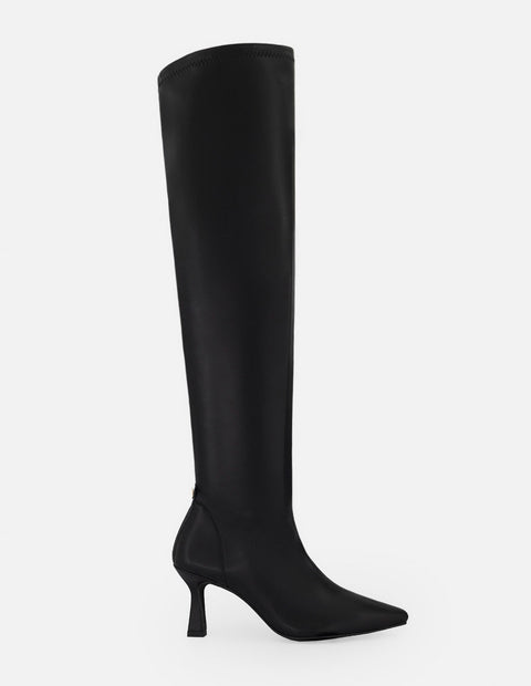 Bota negra lycra piel para mujer con tacón geométrico