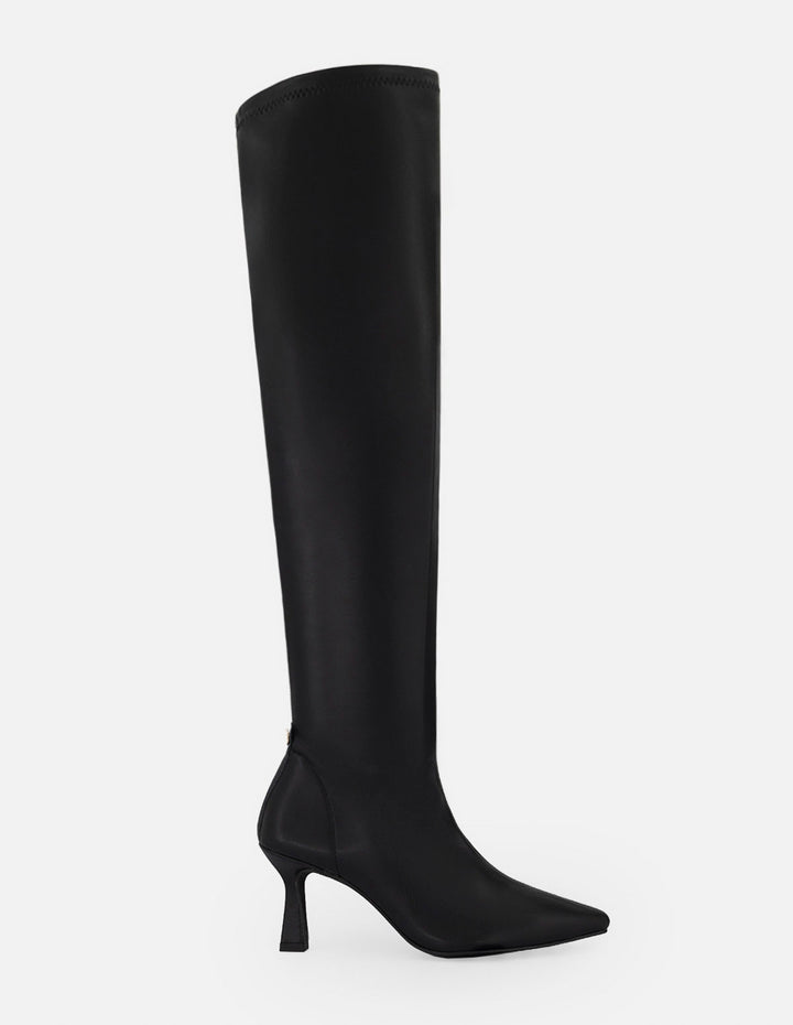 Bota negra lycra piel para mujer con tacón geométrico