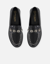 Mocasines negros charol para mujer con antifaz decorado