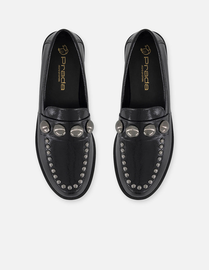 Mocasines negros charol para mujer con antifaz decorado