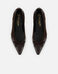 Flats café grabado tejus para mujer con combinación de materiales