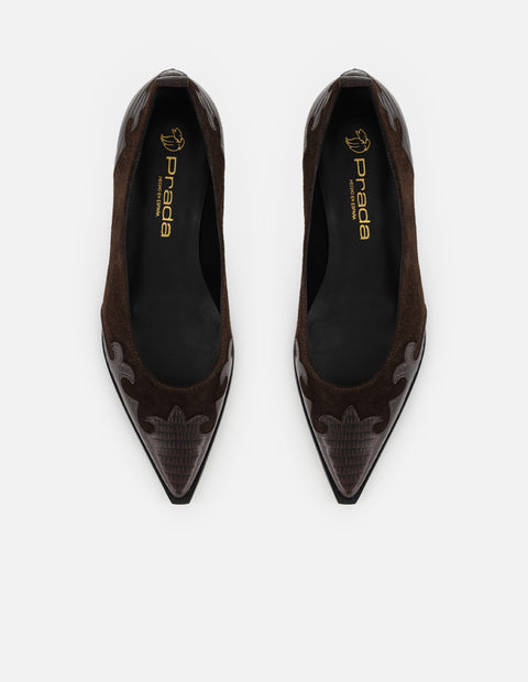 Flats café grabado tejus para mujer con combinación de materiales