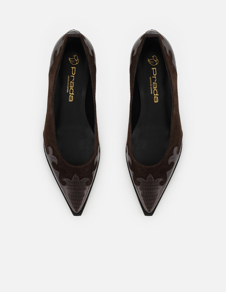 Flats café grabado tejus para mujer con combinación de materiales