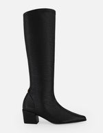 Bota negra lycra piel para mujer con grabado tipo bombeado
