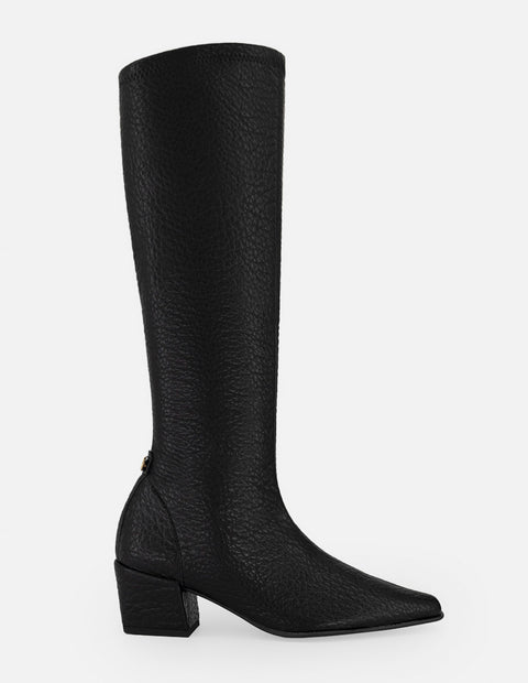 Bota negra lycra piel para mujer con grabado tipo bombeado