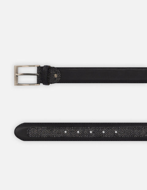 Cinturón negro piel y textil para hombre con detalle textil