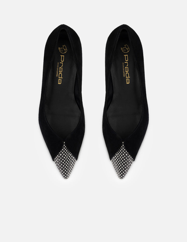 Flats negro ante para mujer con combinación de materiales