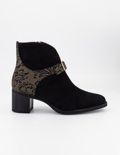 Botines negro ante para mujer con combinación de materiales