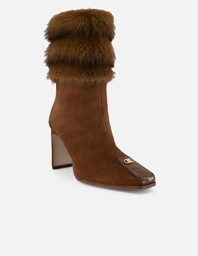 Botines café ante y pelo para mujer con herraje frontal