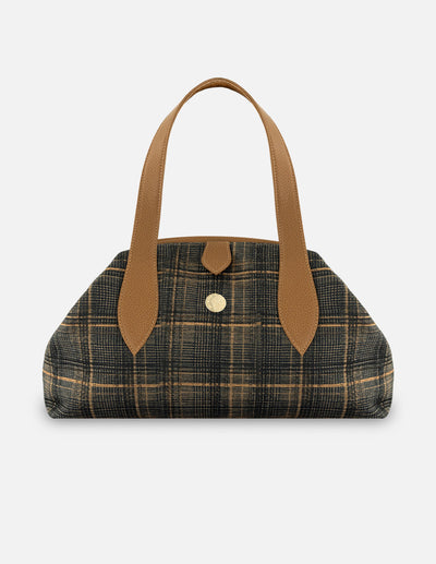 Bolso Bowling color café piel textil con estampado tipo gales para mujer