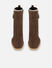 Botines beige ante borrego para mujer con hebilla redonda