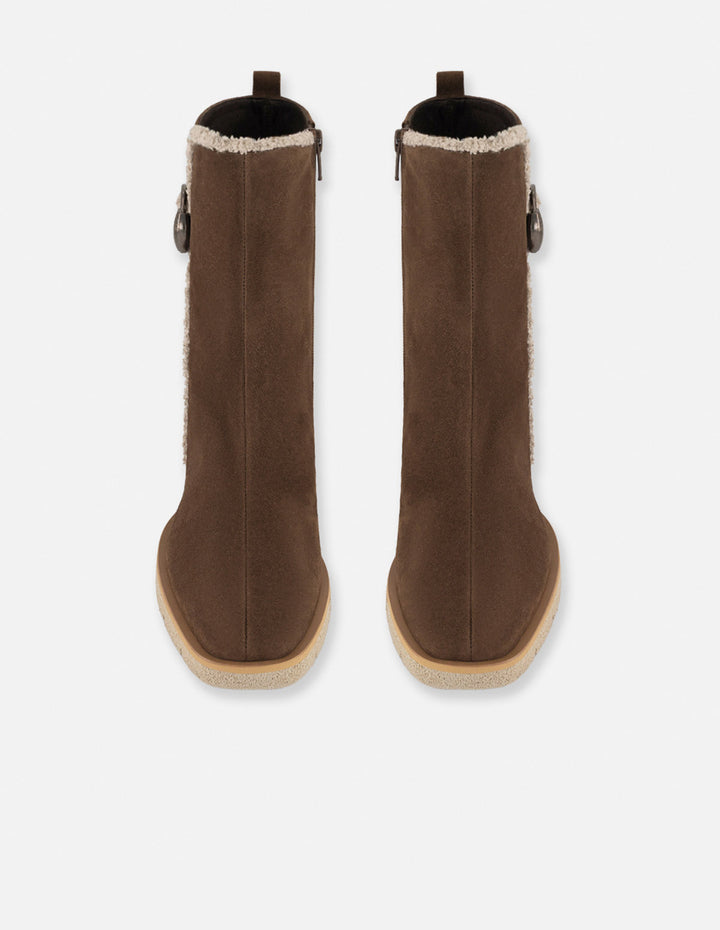Botines beige ante borrego para mujer con hebilla redonda