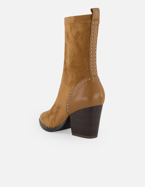 Botines café lycra y ante para mujer con aplicaciones
