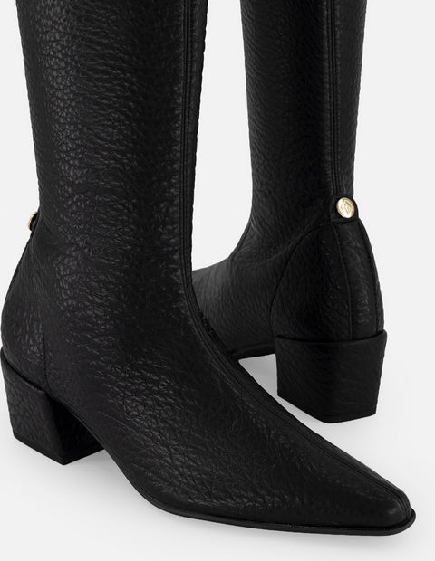 Bota negra lycra piel para mujer con grabado tipo bombeado