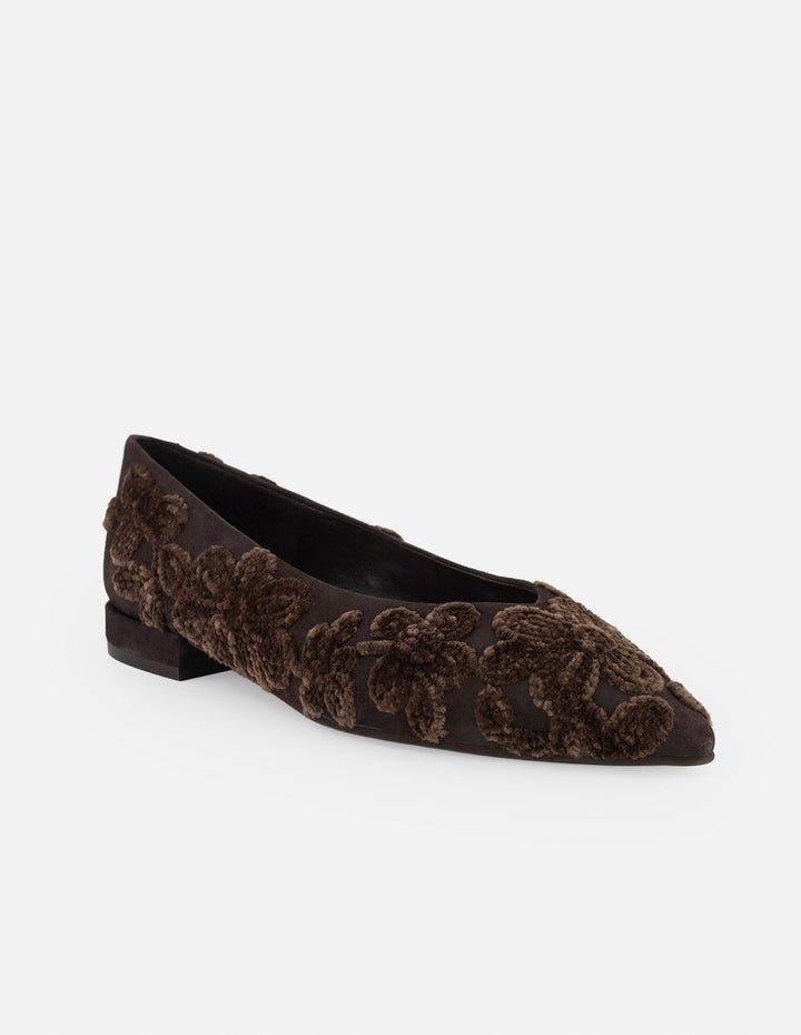 Flats café ante para mujer con flores bordadas