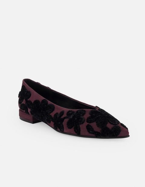 Flats vino ante para mujer con flores bordadas