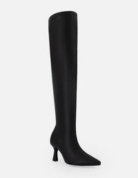Bota negra lycra piel para mujer con tacón geométrico