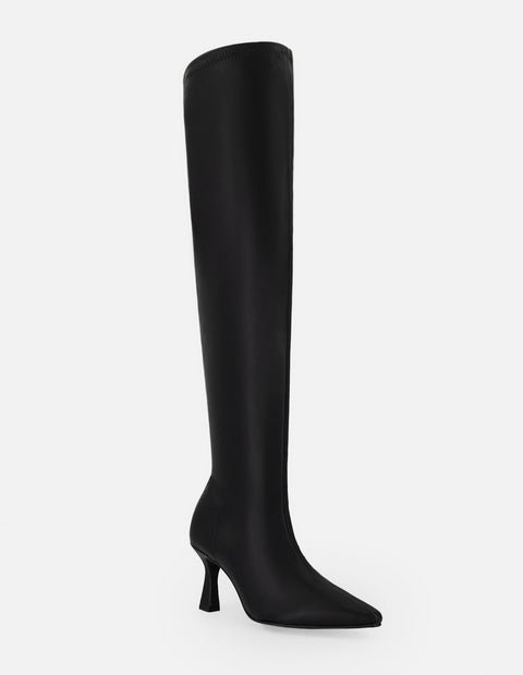 Bota negra lycra piel para mujer con tacón geométrico