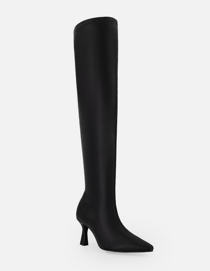 Bota negra lycra piel para mujer con tacón geométrico